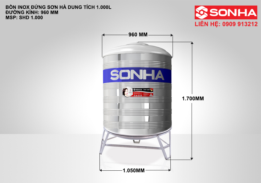 Kích thước bồn nước inox 1000 lít đứng